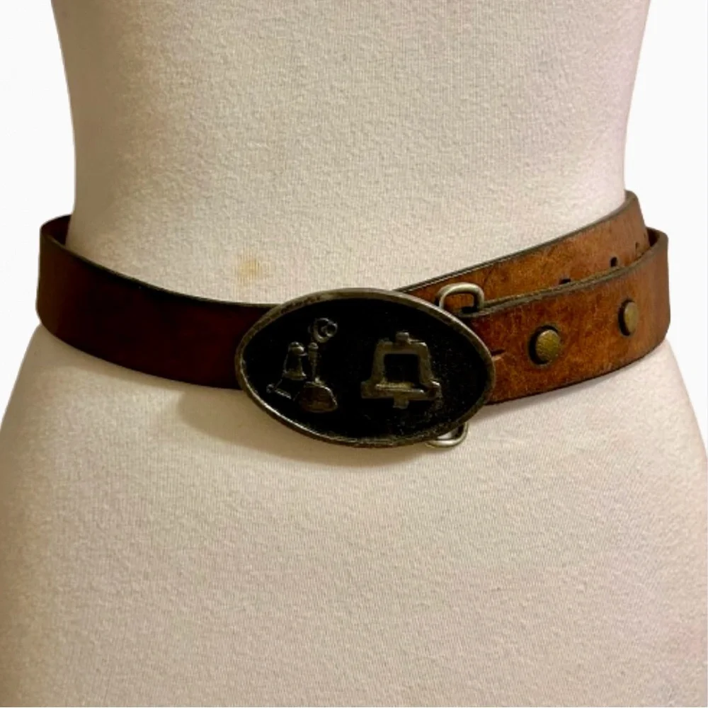 Rare Vtg Bell Telephone Lineman Silver Metal Belt Buckle and Vtg Leather Belt